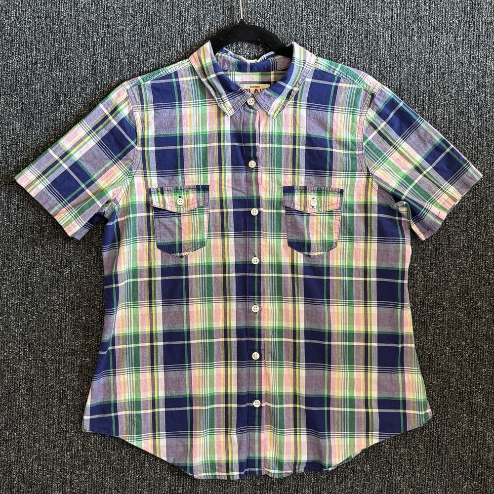 Y2K Old Navy Plaid Button Up Shirt Women’s Sz Large Short Sleeve Cotton